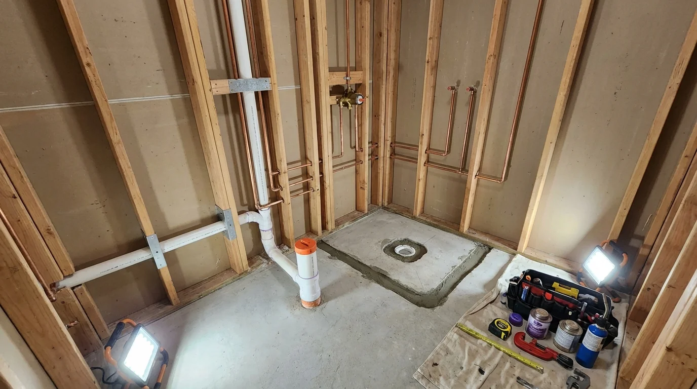 Bathroom rough-in plumbing during remodel by Johns Plumbing LLC in Emerson